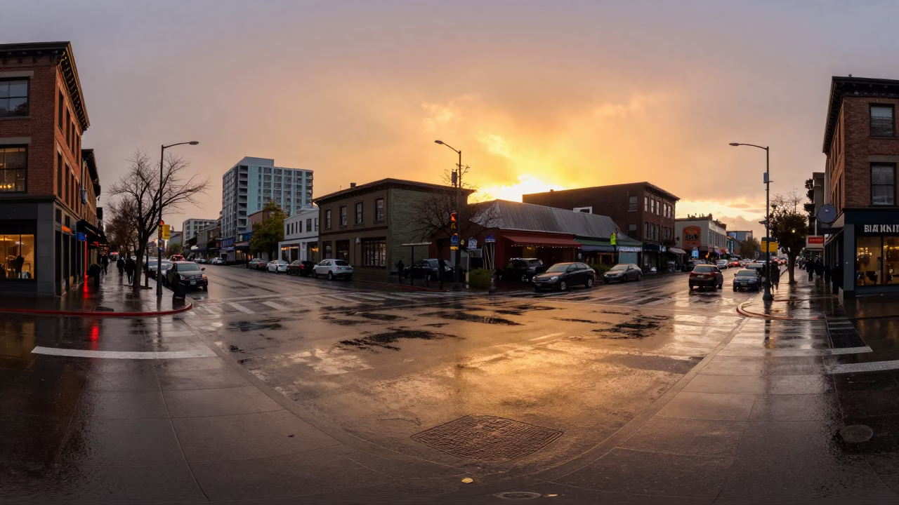 Golden Hour Seattle Street Scene with Rain-Slicked Pavement and Vintage Automobiles at Sunset in in Seattle, Washington, United States
