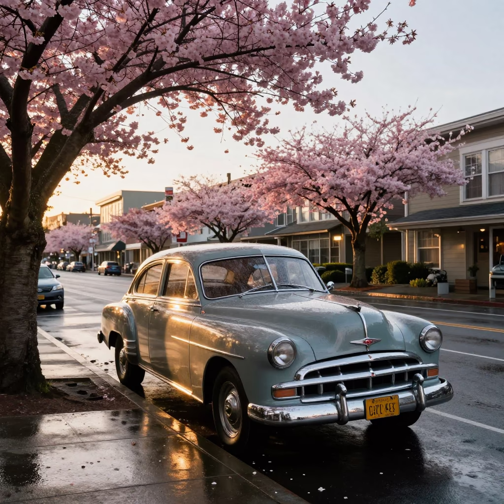 Golden Hour Seattle Street Scene with Vintage Car and Cherry Blossoms in in Seattle, Washington, United States