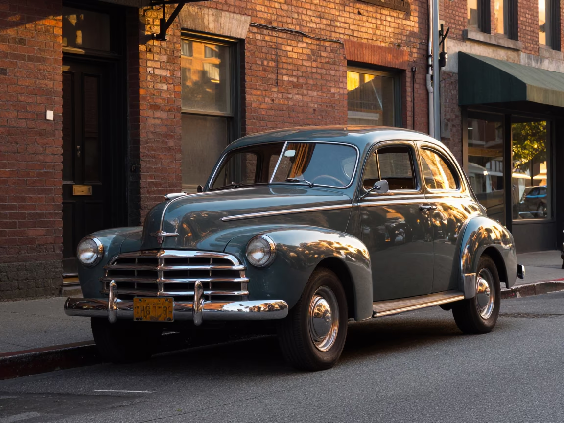 Golden Hour Seattle Street Scene with Vintage Car and Urban Reflections in in Seattle, Washington, United States