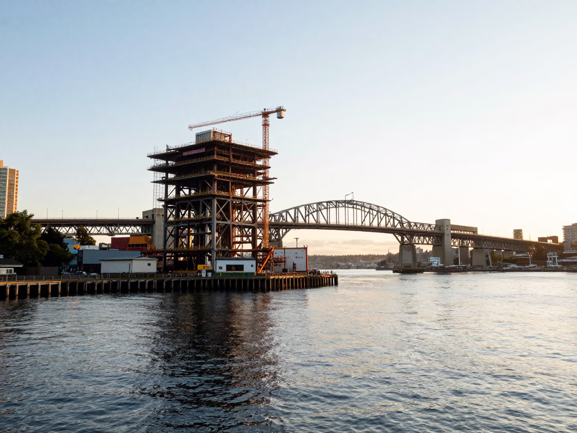 Golden Hour Seattle Waterfront Scene with Steel Bridge Construction and Harbor Details in in Seattle, Washington, United States
