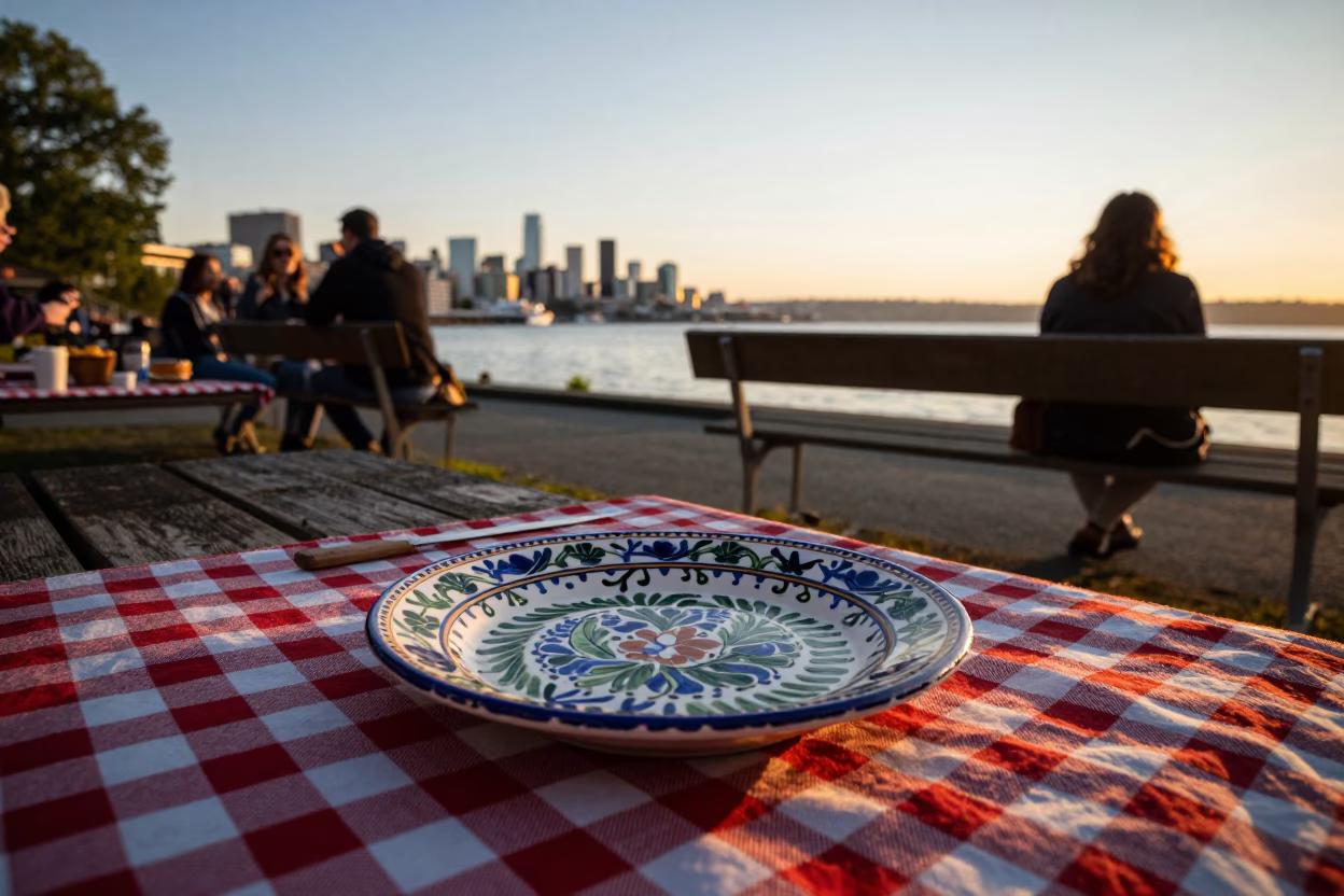 Golden Hour Seattle Waterfront Scene with Vintage Italian Majolica Plate and Melons in in Seattle, Washington, United States