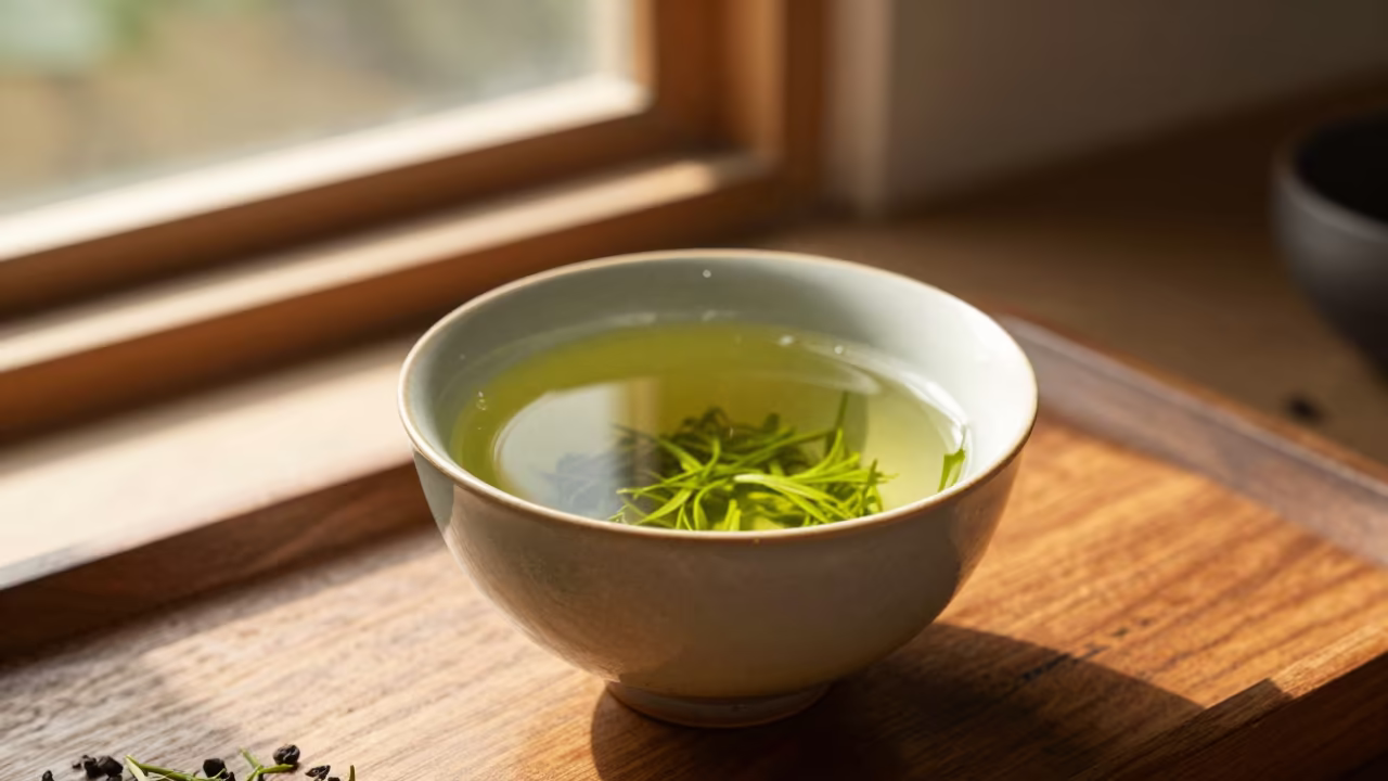 Golden Hour Sencha in Ceramic Bowl Zapopan in on a tea house tray in Zapopan
