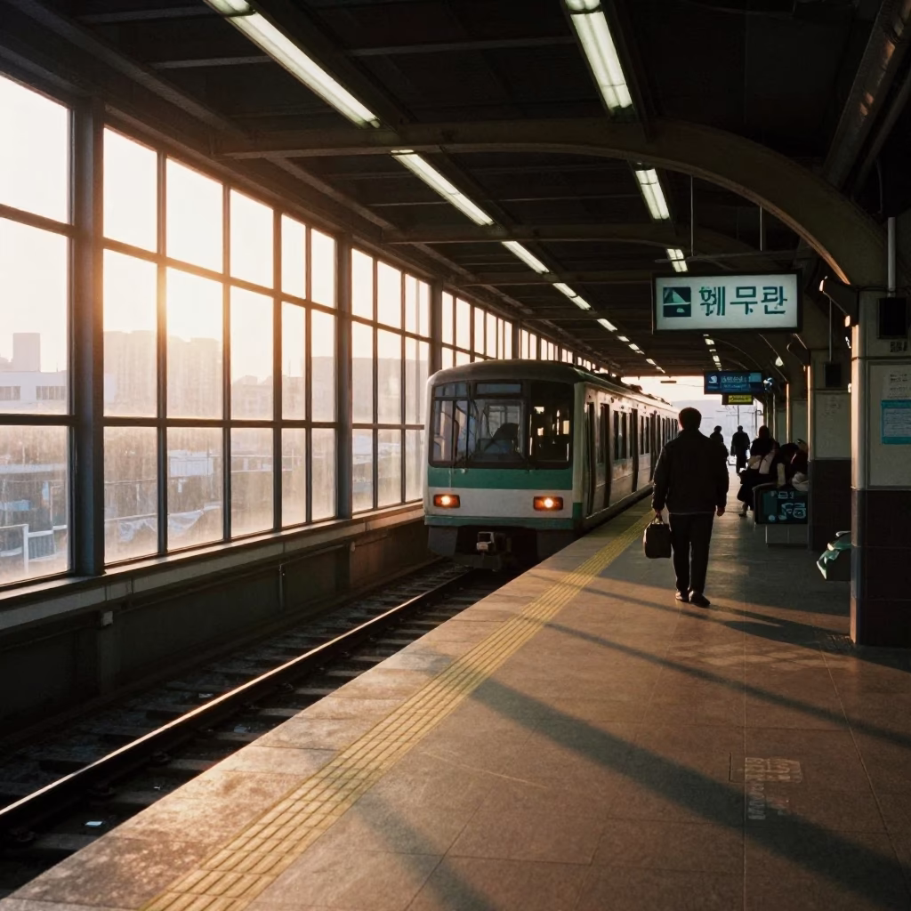 Golden Hour Seoul Metro Station Art Adorned Platform with Commuters in in Seoul, South Korea