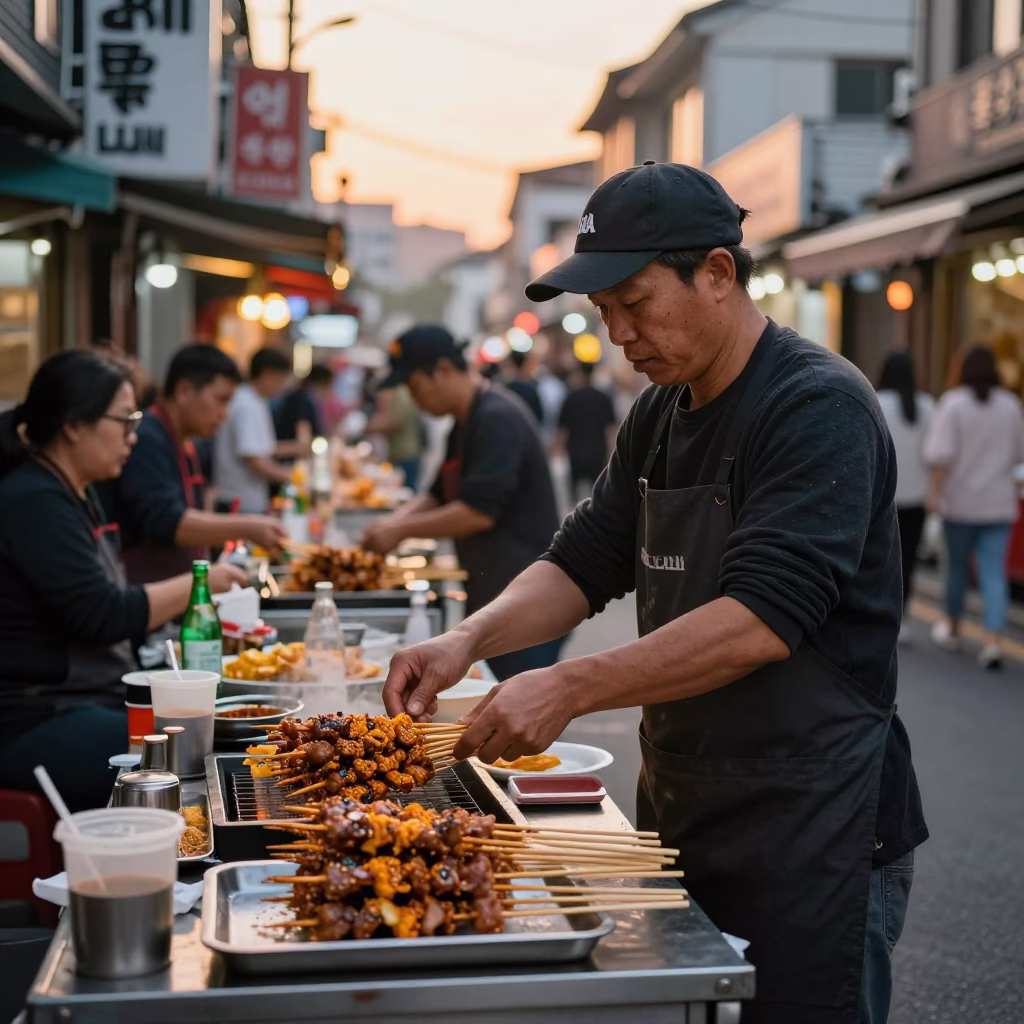 Golden Hour Seoul Street Food Vendor Serving Suya Skewers in Bustling District in in Seoul, South Korea