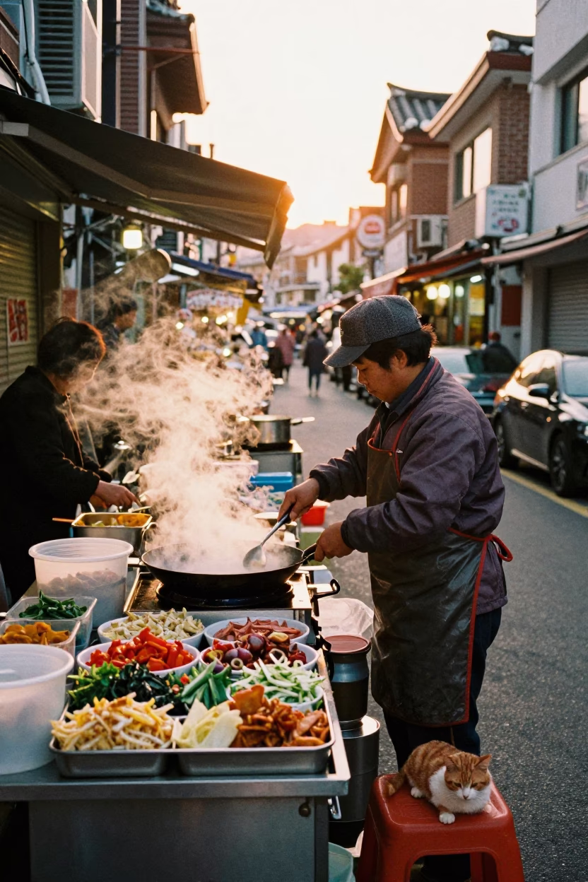 Golden Hour Seoul Street Food Vendor with Ginger Cat and Plastic Jar in in Seoul, South Korea
