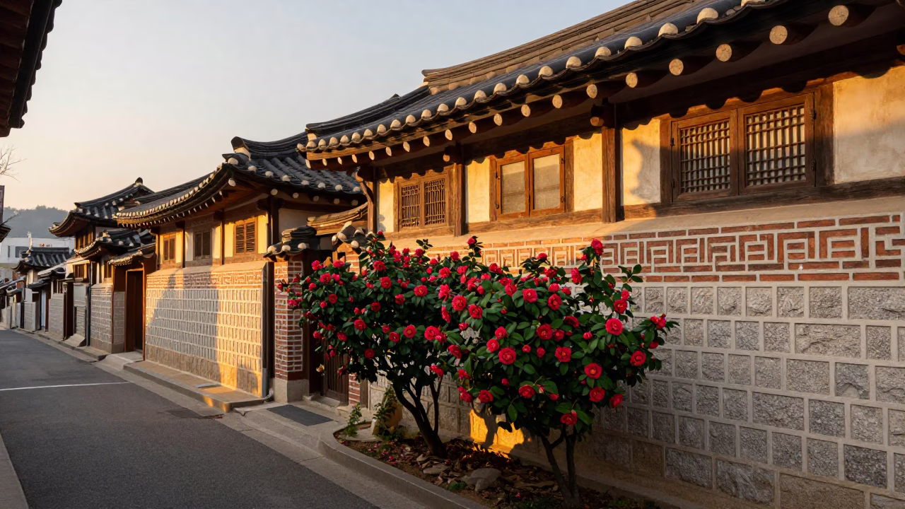Golden Hour Seoul Street Scene with Camellia Shrub and Traditional Korean Architecture in in Seoul, South Korea