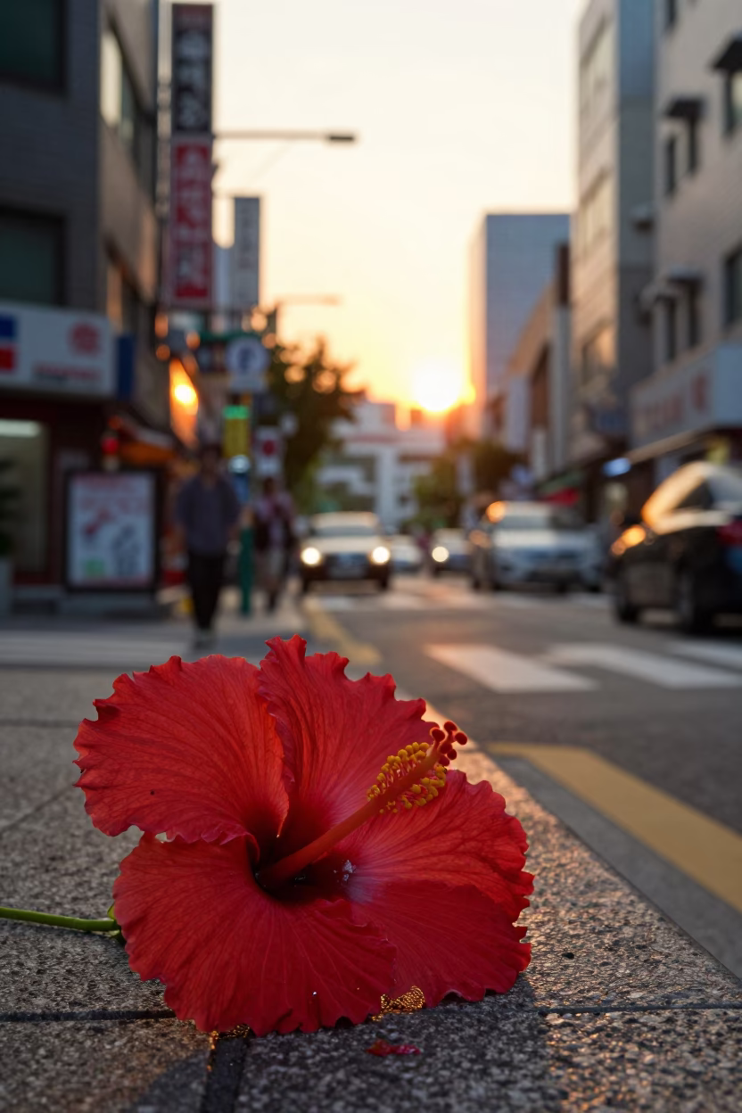 Golden Hour Seoul Street Scene with Hibiscus Flower Detail and Urban Background in in Seoul, South Korea