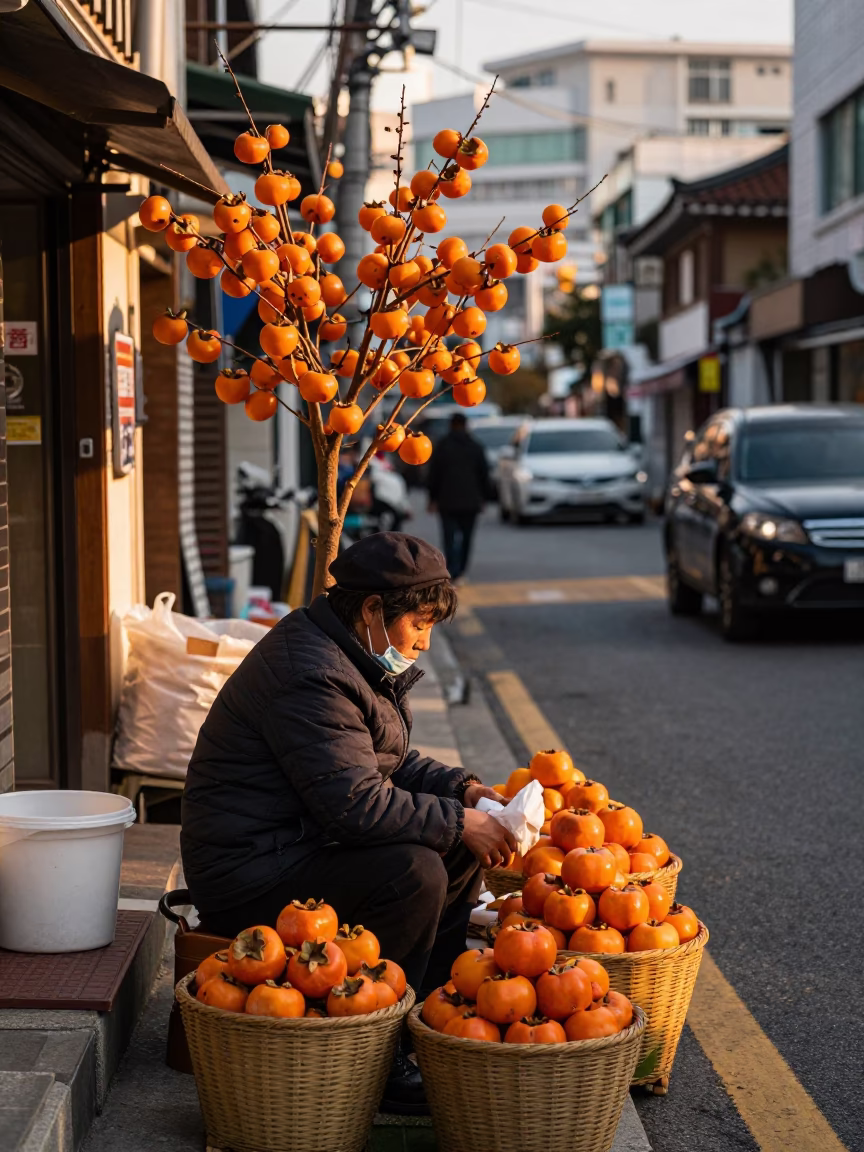 Golden Hour Seoul Street Scene with Persimmons and Woven Baskets in in Seoul, South Korea