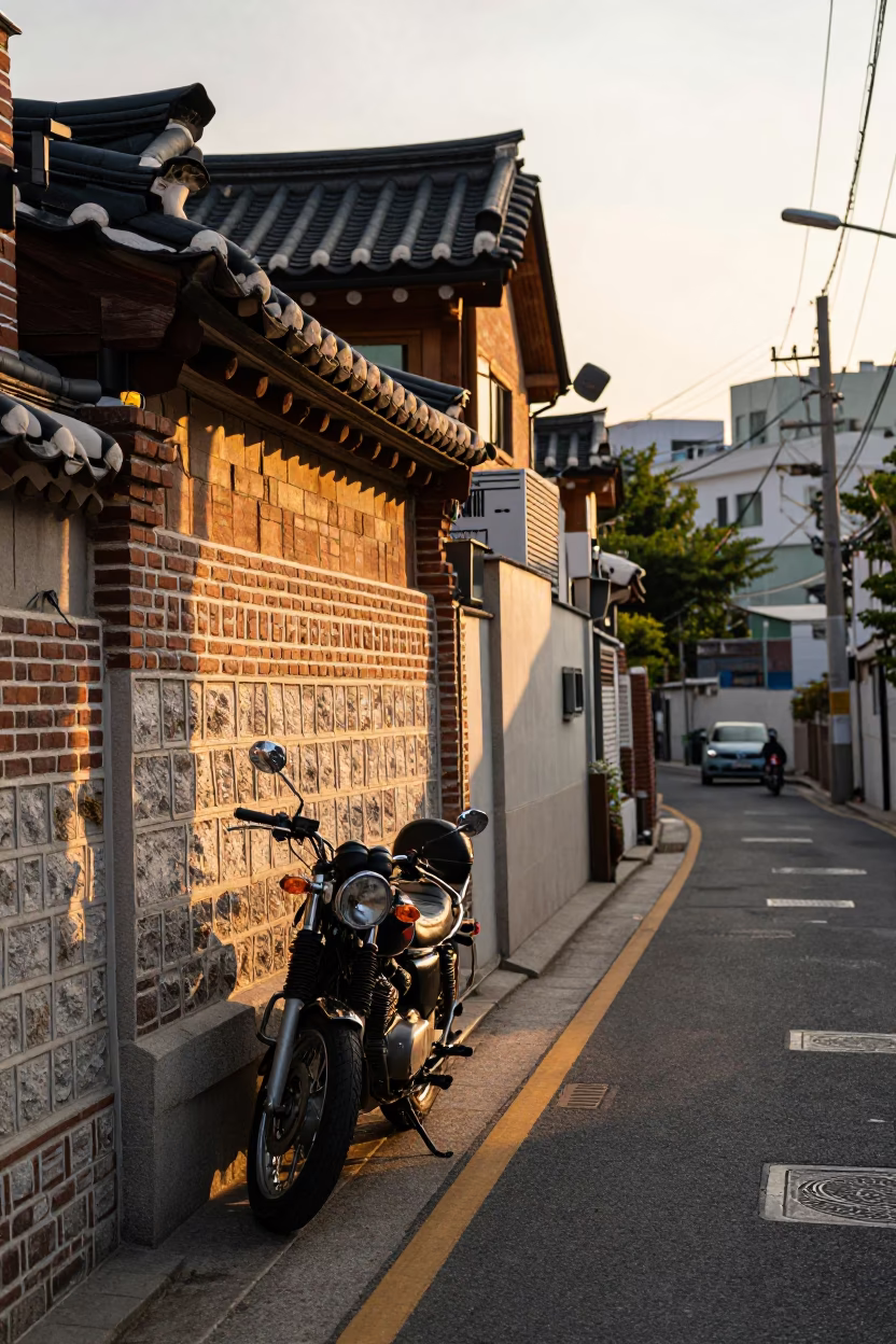 Golden Hour Seoul Street Scene with Vintage Motorcycle and Urban Details in in Seoul, South Korea