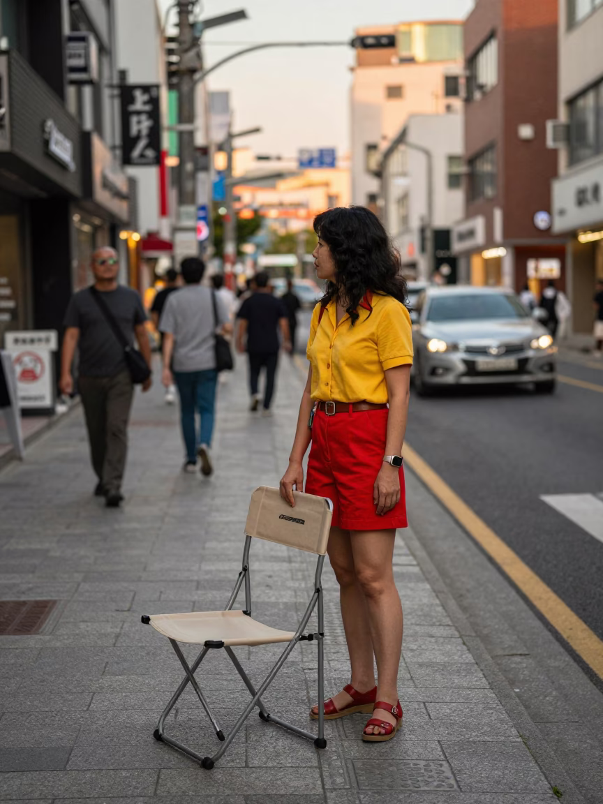 Golden Hour Seoul Street Scene with Woman and Folding Chair in in Seoul, South Korea
