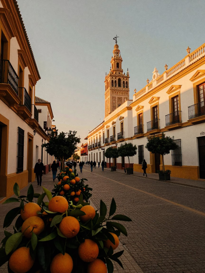 Golden Hour Seville Street Scene with Fresh Oranges and Traditional Architecture in in Seville, Spain