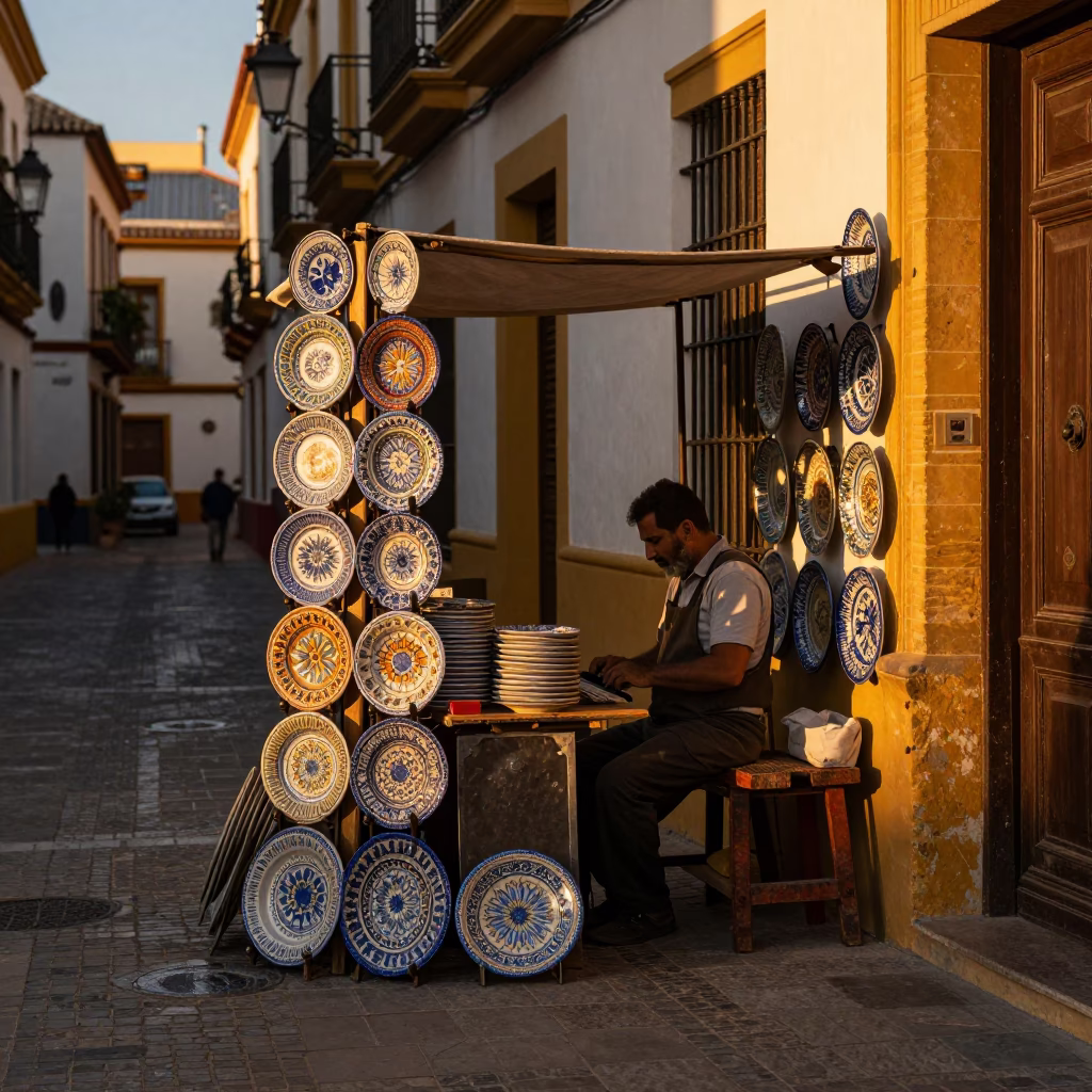 Golden Hour Seville Street Scene with Hammered Metal and Majolica Plates in in Seville, Spain