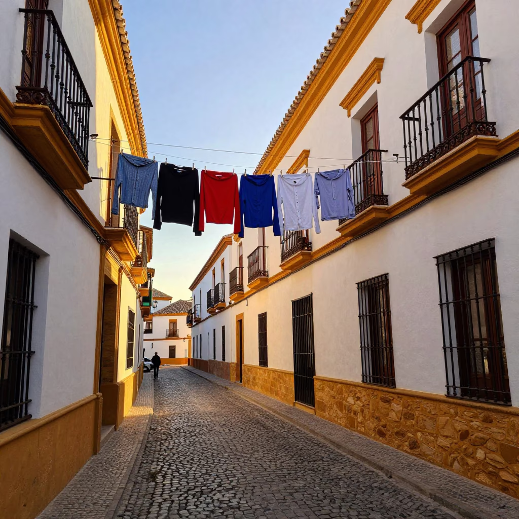 Golden Hour Seville Street Scene with Hanging Laundry and Traditional Architecture in in Seville, Spain