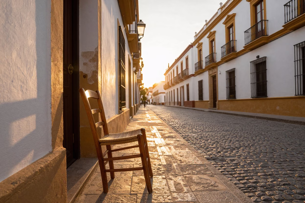 Golden Hour Seville Street Scene with Ladder-Back Chair and Local Life in in Seville, Spain