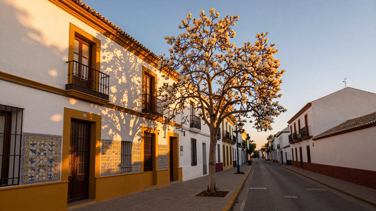 Golden Hour Seville Street Scene with Magnolia Tree and Watering Bottle in in Seville, Spain