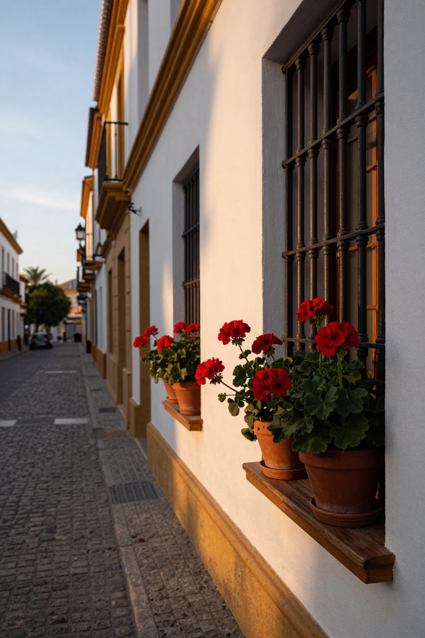 Golden Hour Seville Street Scene with Potted Geraniums and Local Life in in Seville, Spain