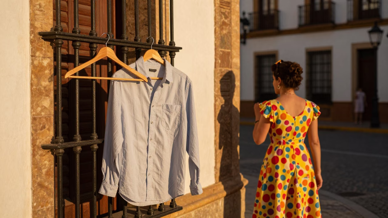 Golden Hour Seville Street Scene with Shirt Hanger and Local Life in Spain in in Seville, Spain