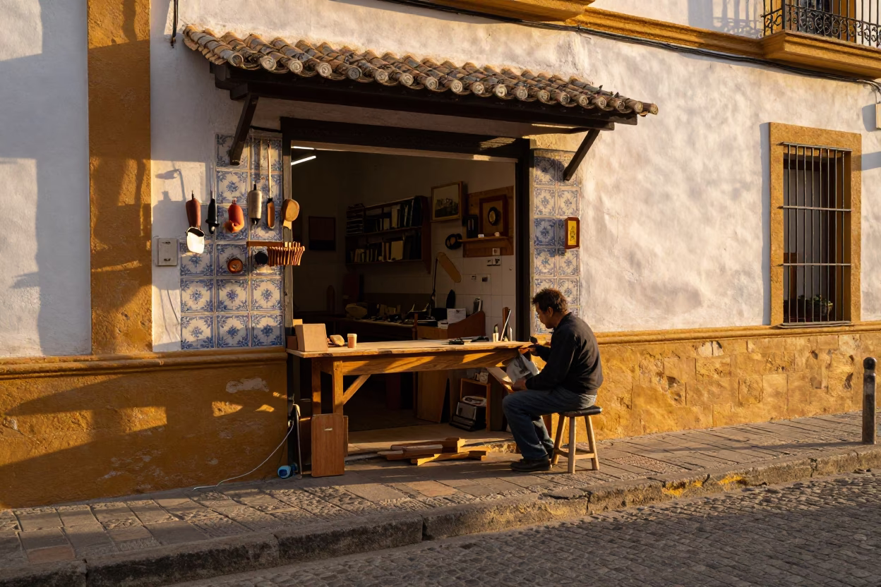 Golden Hour Seville Street Scene with Traditional Craftsman and Wooden Workbench in in Seville, Spain