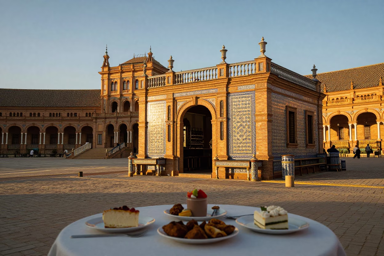 Golden Hour Seville Street Scene with Traditional Spanish Food and Local Architecture in in Seville, Spain