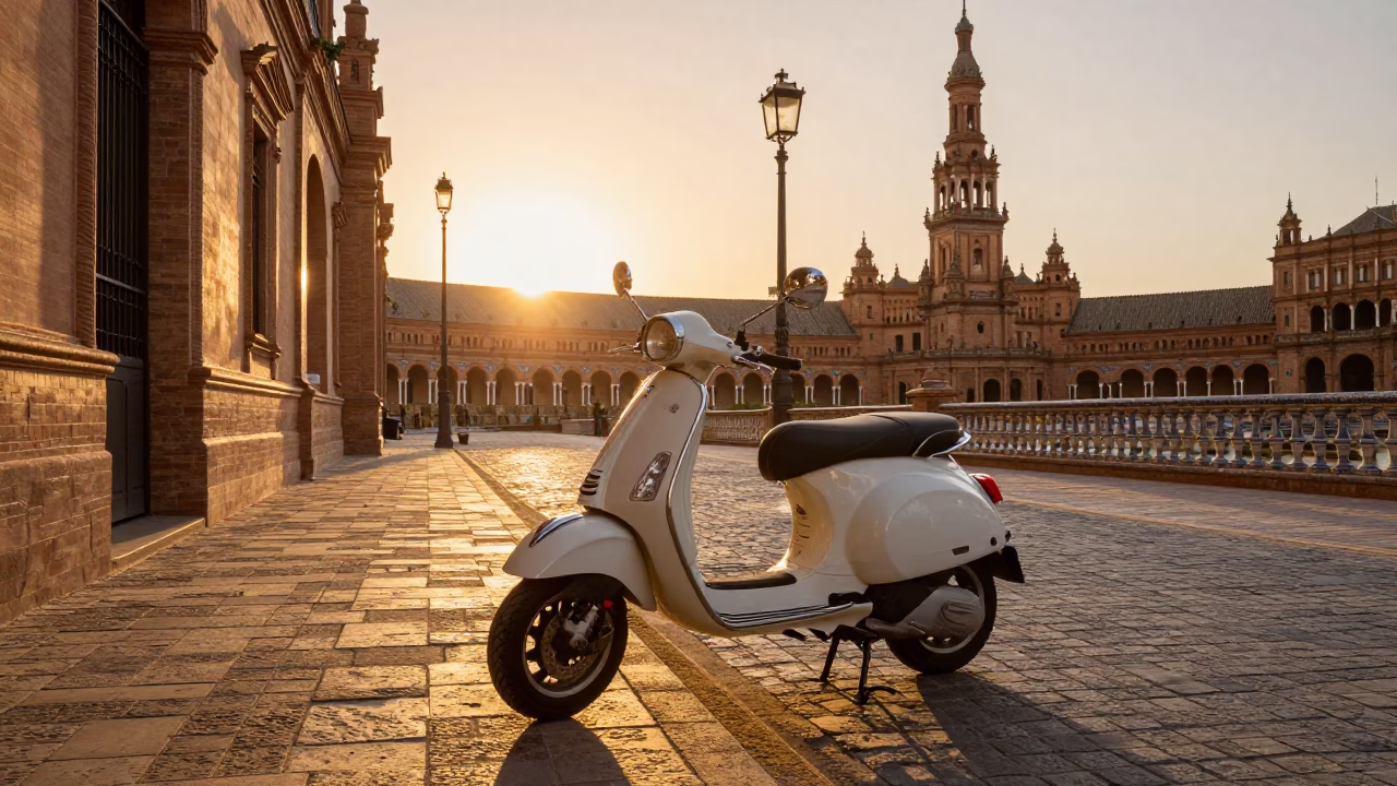 Golden Hour Seville Street Scene with Vintage Vespa and Cobblestone Lane in in Seville, Spain