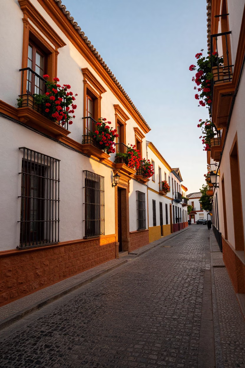 Golden Hour Seville Street Scene with Window Boxes and Local Life in in Seville, Spain