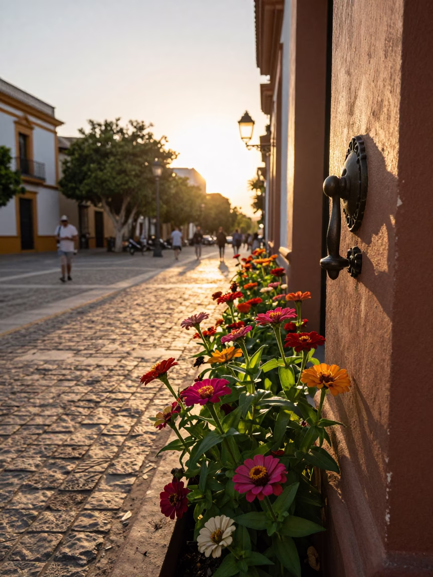 Golden Hour Seville Street Scene with Zinnias and Traditional Doorknob Detail in in Seville, Spain