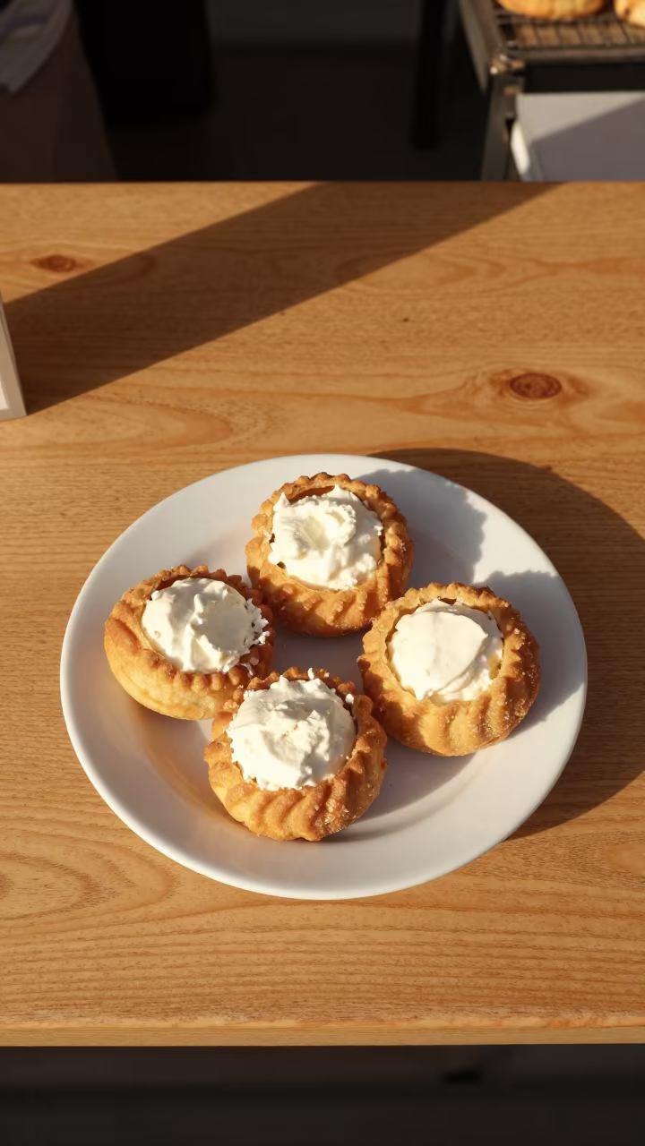 Golden Hour Sfogliatelle on Market Counter in at a market stall counter in Leticia