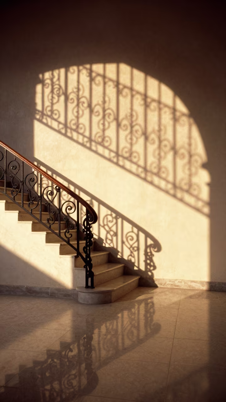 Golden Hour Shadow Railing Staircase Uşak in inside a tiled stair hall near Uşak