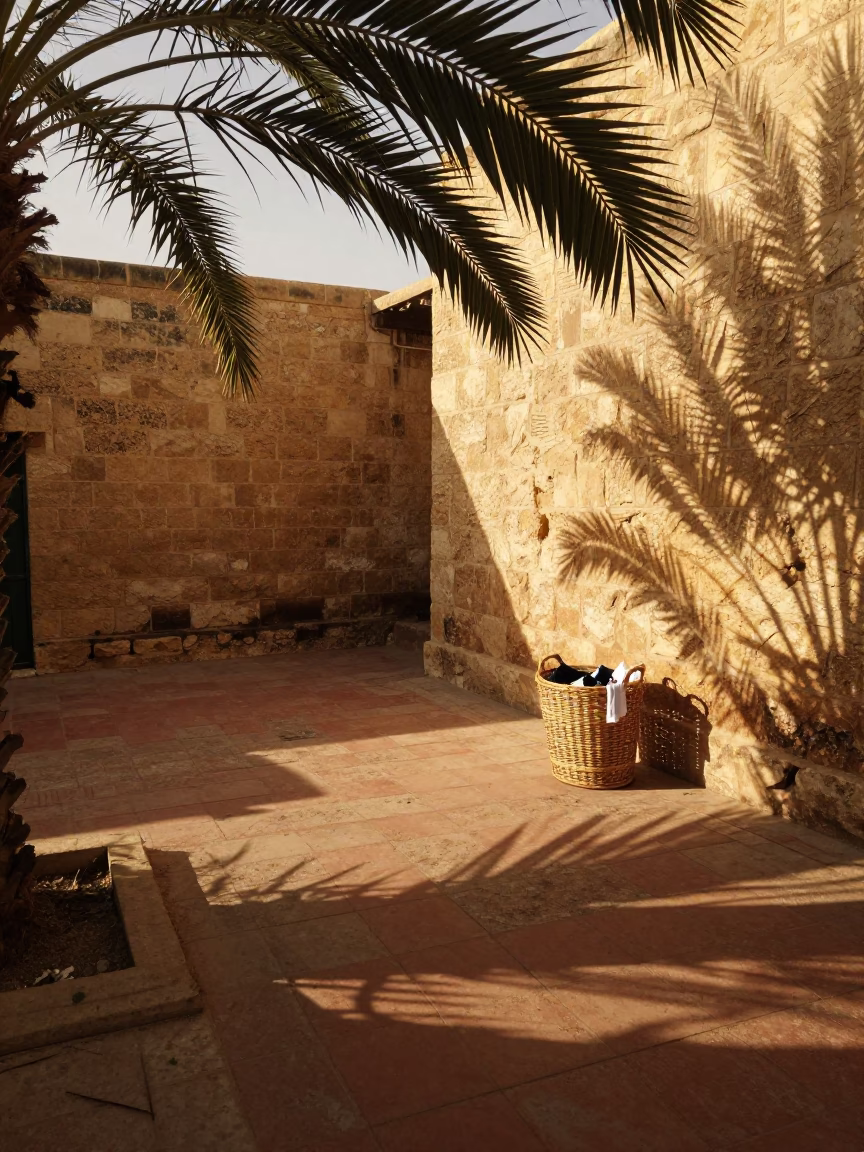 Golden Hour Shadows and Laundry Basket in Alexandria Egypt Courtyard in in Alexandria, Egypt