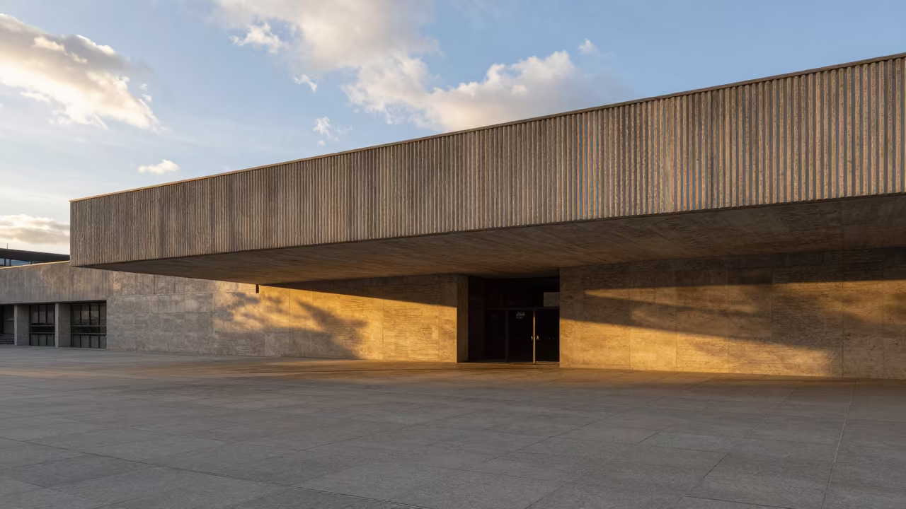 Golden Hour Shadows in Trier Concrete Lobby in inside a ribbed concrete lobby in Trier