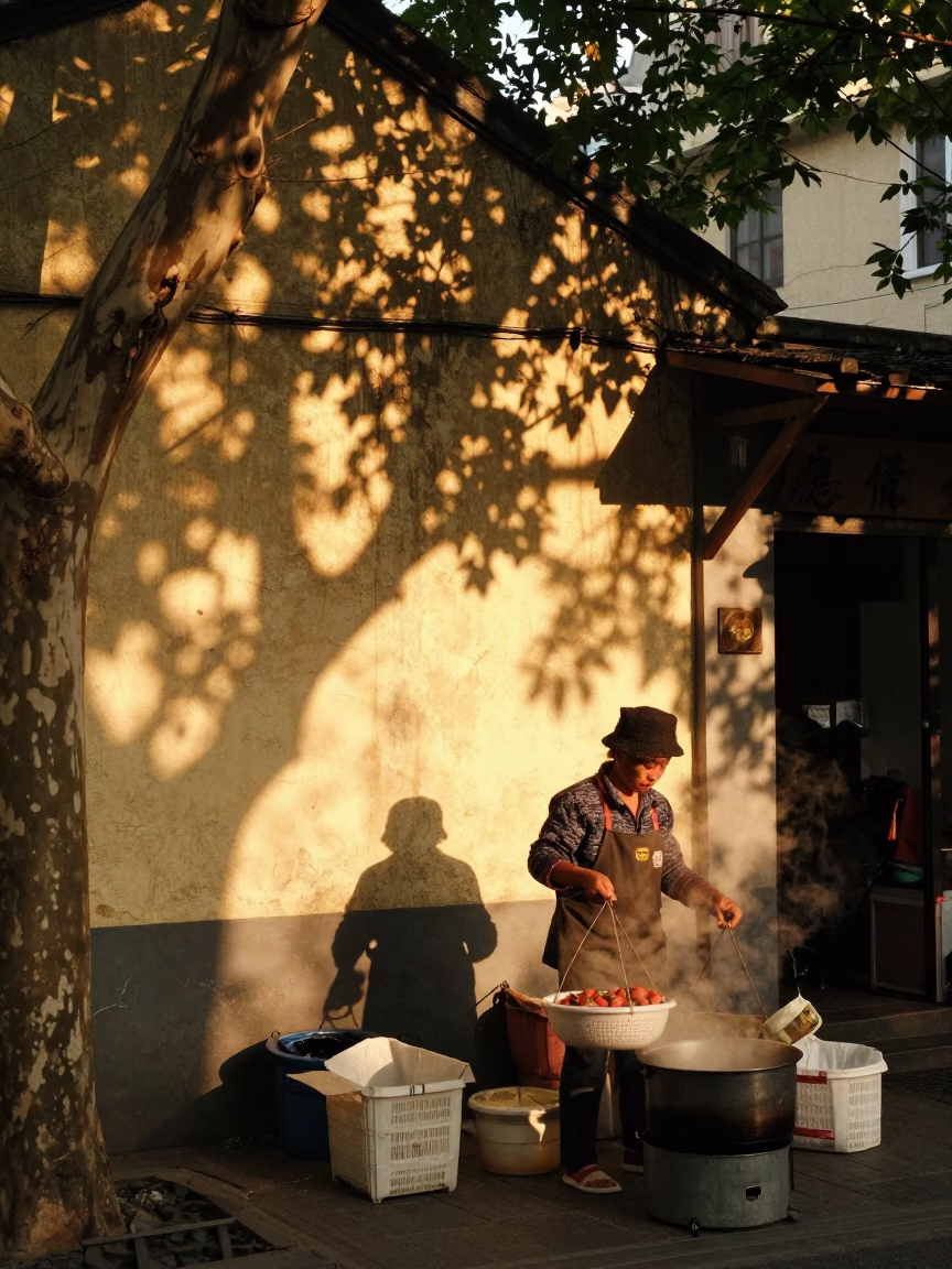 Golden Hour Shanghai Street Scene with Dappled Shadows and Local Market Details in in Shanghai, China