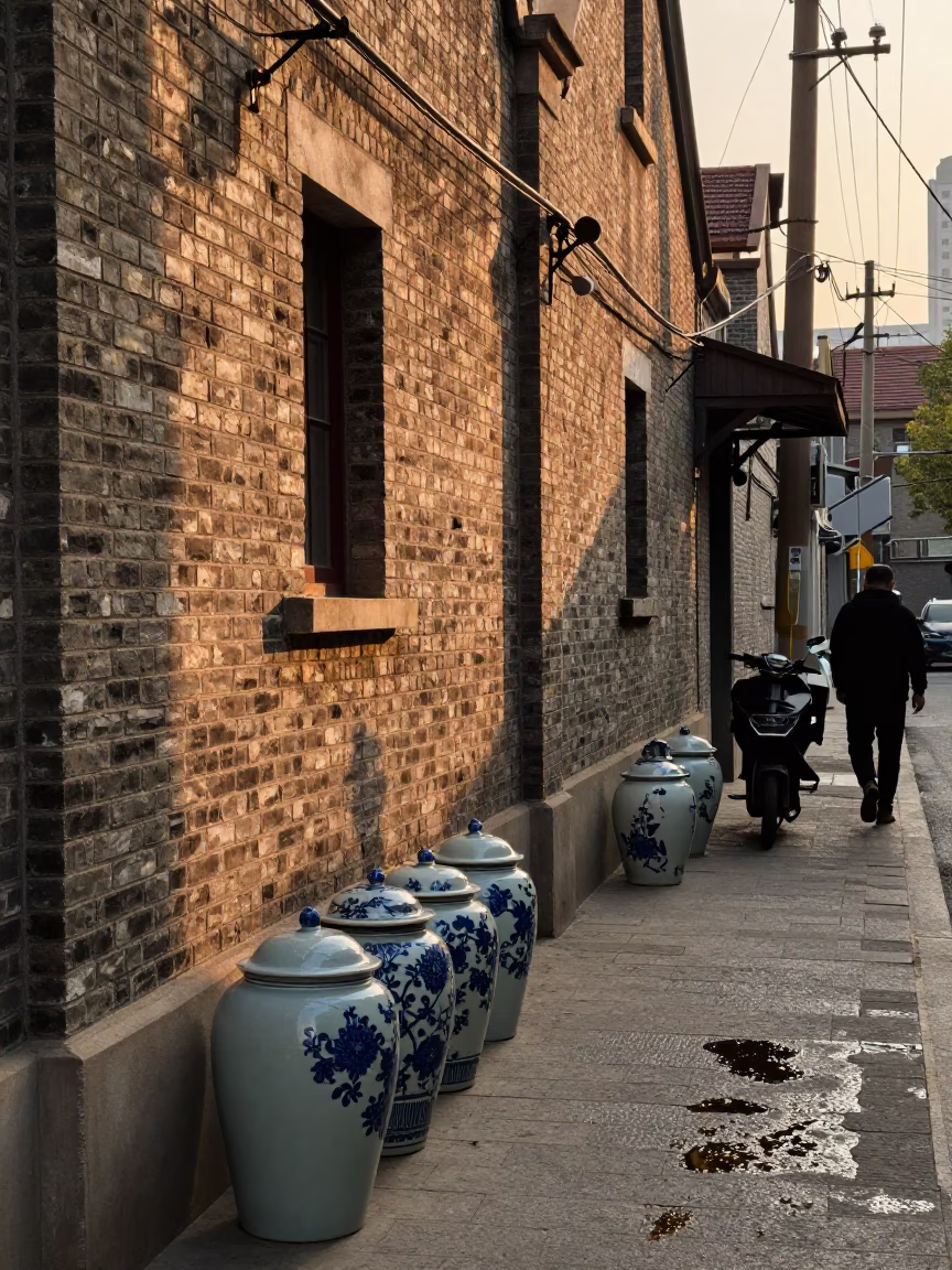 Golden Hour Shanghai Street Scene with Porcelain Jars and Grease Sheen in in Shanghai, China