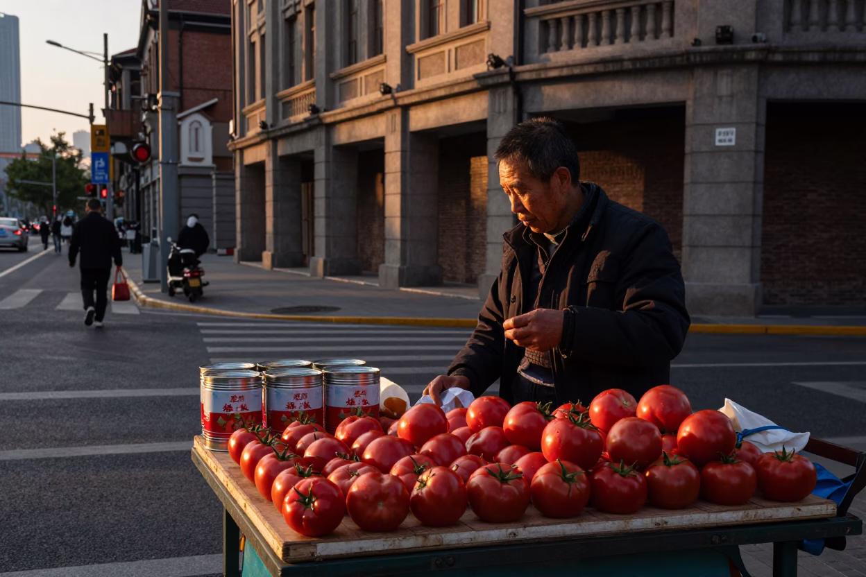 Golden Hour Shanghai Street Scene with Tiffin Tin and Tomatoes in in Shanghai, China