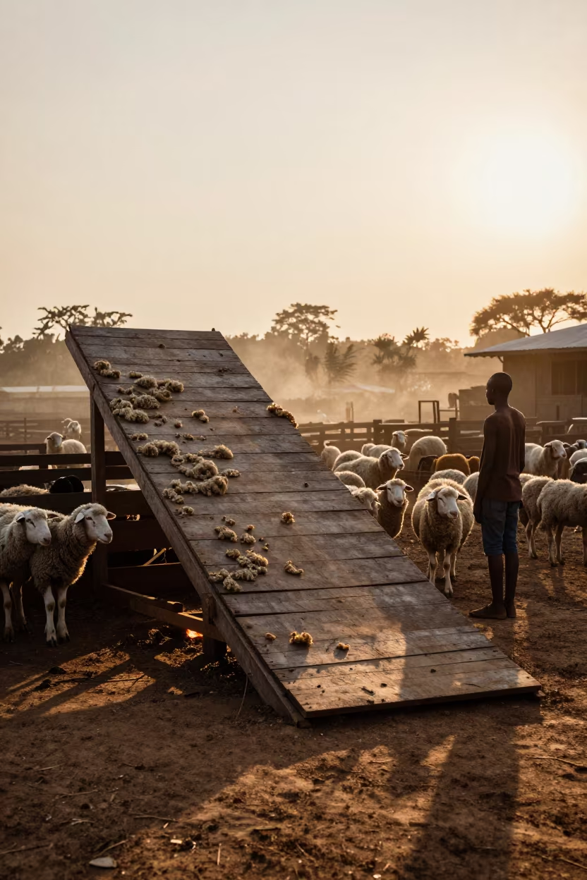 Golden Hour Shearing Board with Tagged Sheep in Togo in at a stockyard loading ramp in Togo
