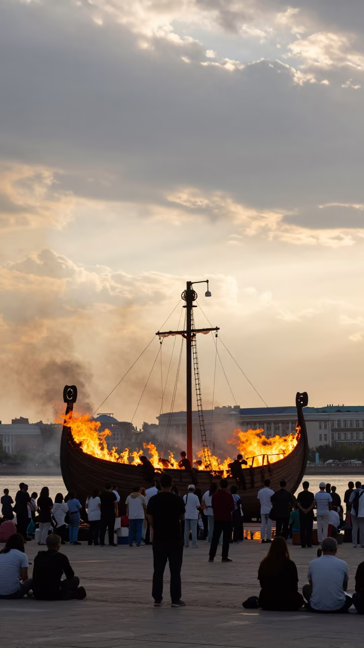 Golden Hour Silhouette Burning Longship Karaganda in at a public square during a festival near Karaganda