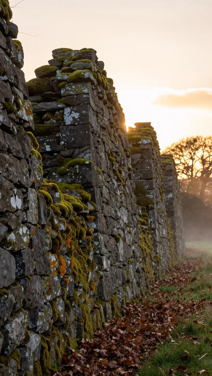 Golden Hour Silhouette of Northern Ireland Mossy Ruin Wall in in Northern Ireland