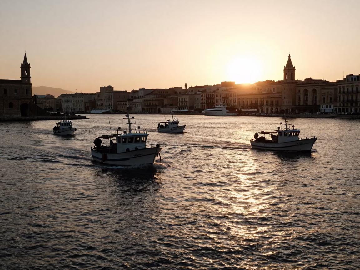 Golden Hour Silhouette of Palermo Harbor Fishing Boats Returning Through Crashing Surf in in Palermo, Italy