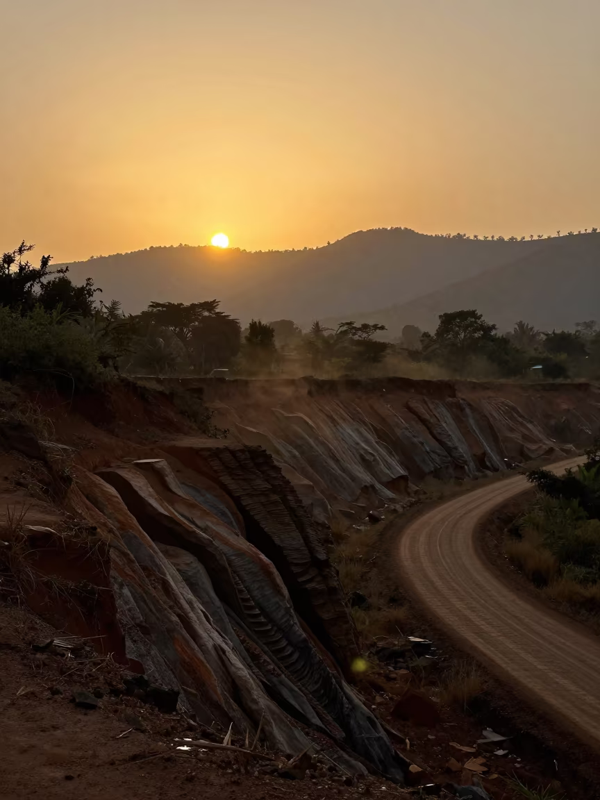 Golden Hour Silhouette of Togo Rock Strata Ridge in from a ridge above layered foothills in Togo