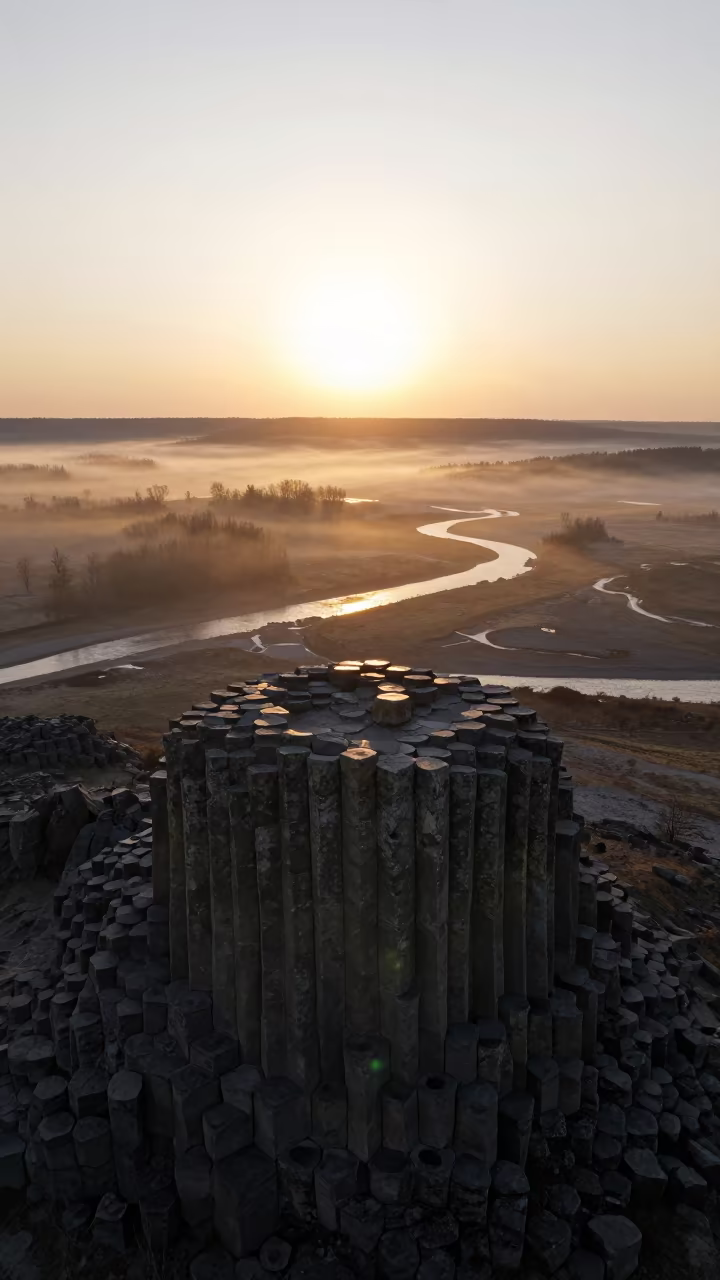 Golden Hour Silhouette of Ukrainian Basalt Columns in high above braided river channels in Ukraine