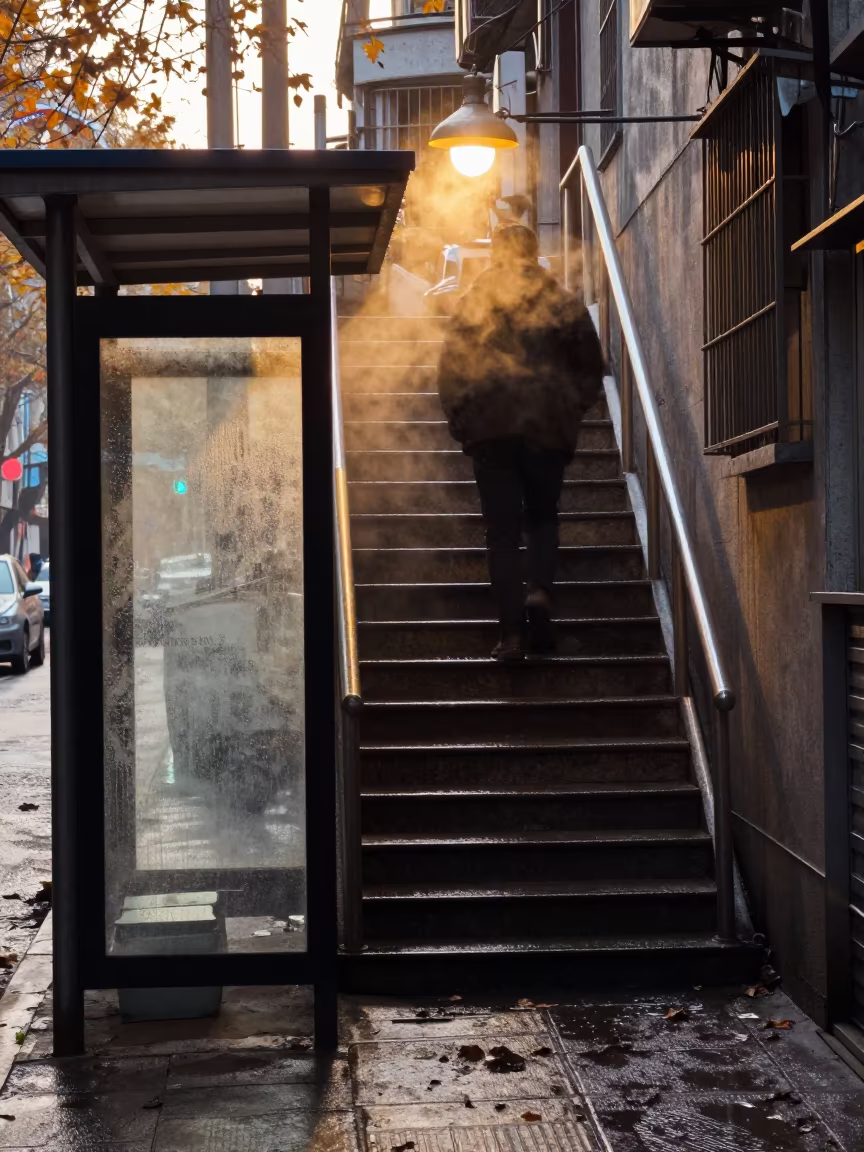 Golden Hour Silhouette on Xining Alley Stairs in beside a steamed-up bus shelter in Xining