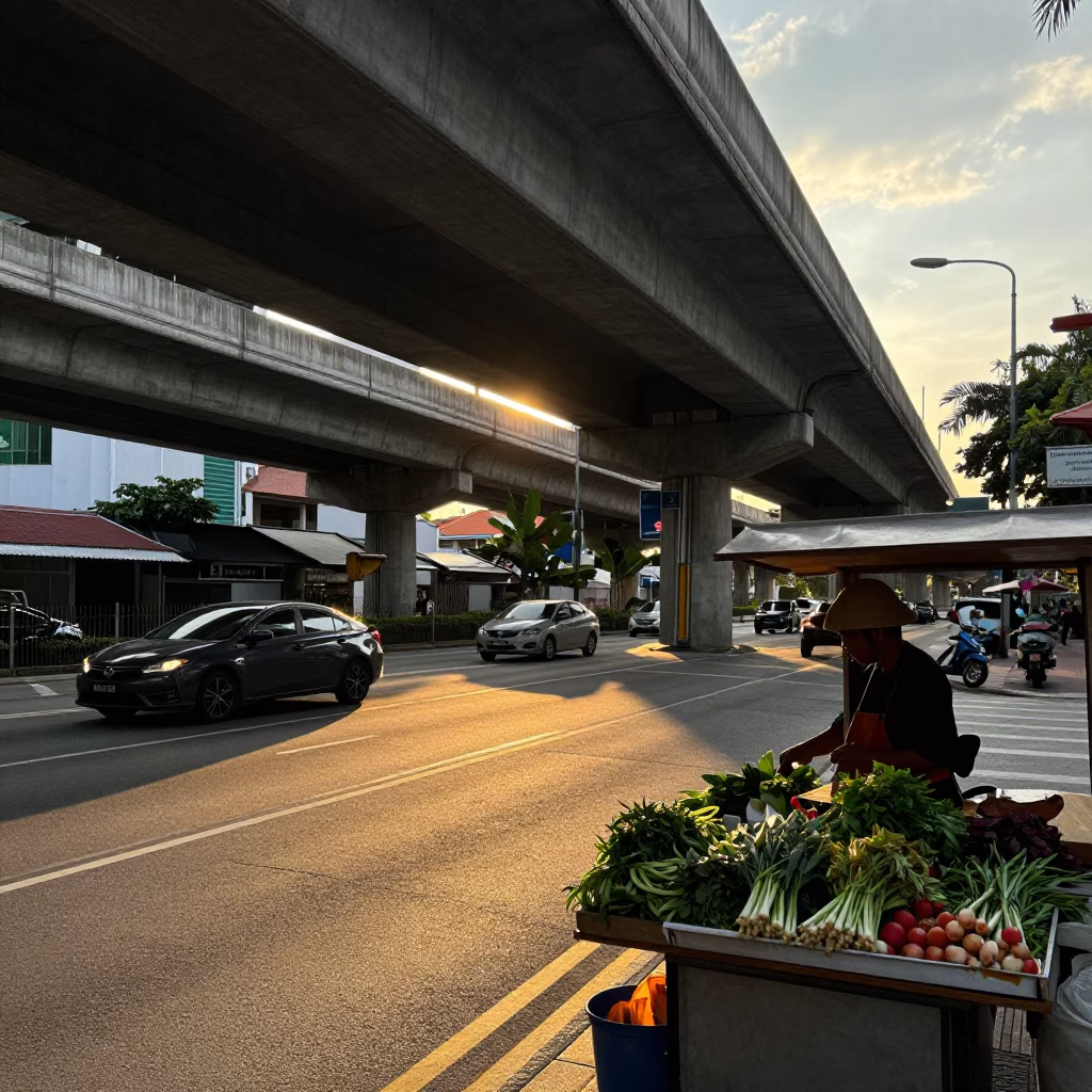 Golden Hour Singapore Street Scene Under Flyover with Shadows and Local Market Activity in in Singapore, Singapore