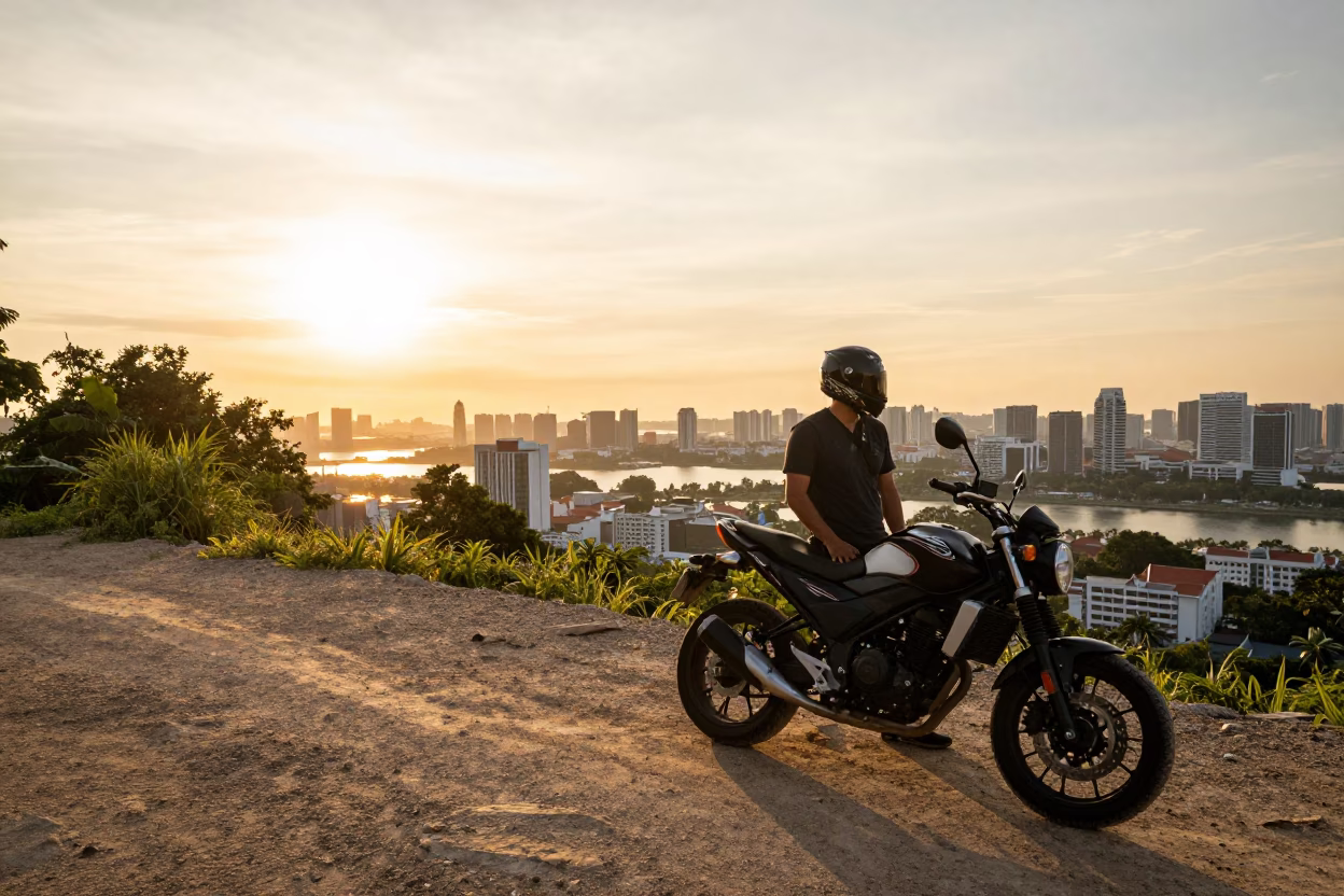 Golden Hour Singapore Street Scene with Motorcyclist and Urban Landscape at Sunset in in Singapore, Singapore