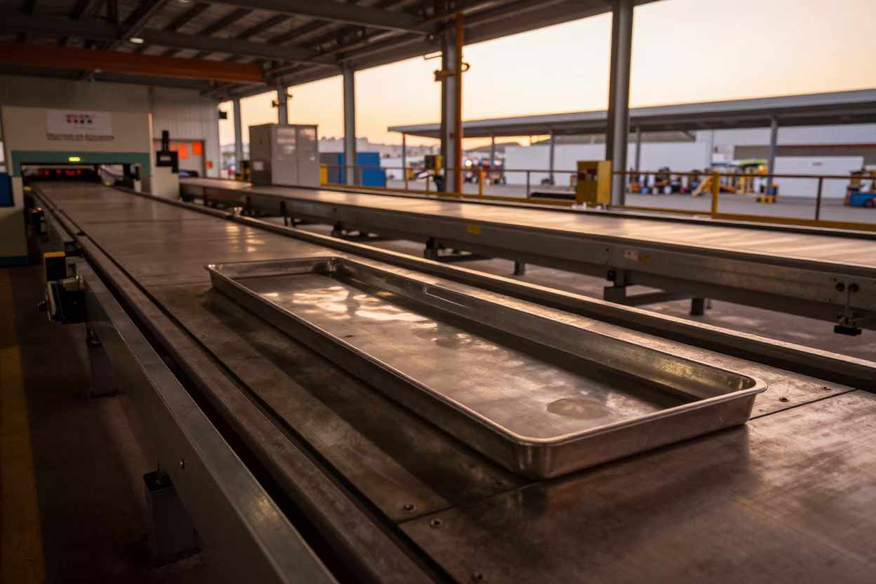 Golden Hour Siphon Tray on Busan Sorting Belt in at a parcel sorting belt in Busan