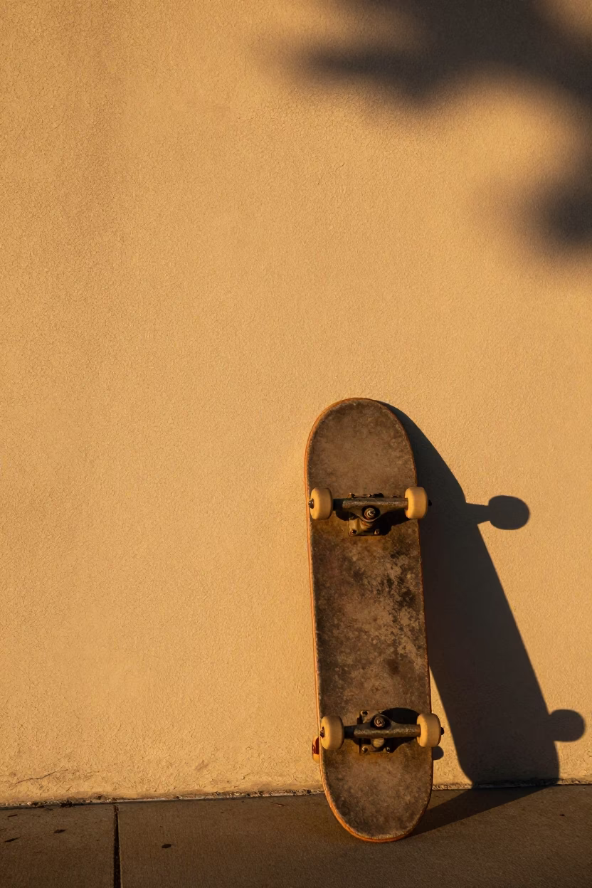Golden Hour Skateboard and Wicker Shadow on Los Angeles Plaster Wall in in Los Angeles, California, United States