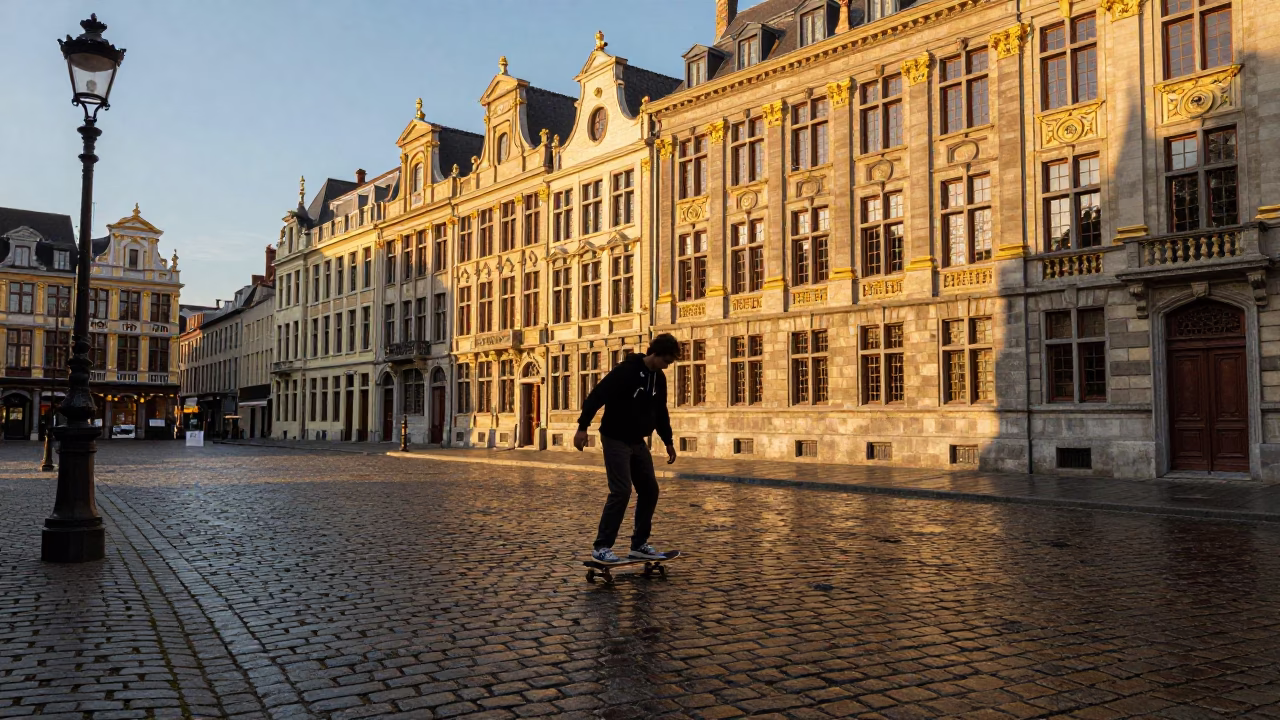 Golden Hour Skateboarder on Brussels Cobblestones with Vintage Architecture in in Brussels, Belgium
