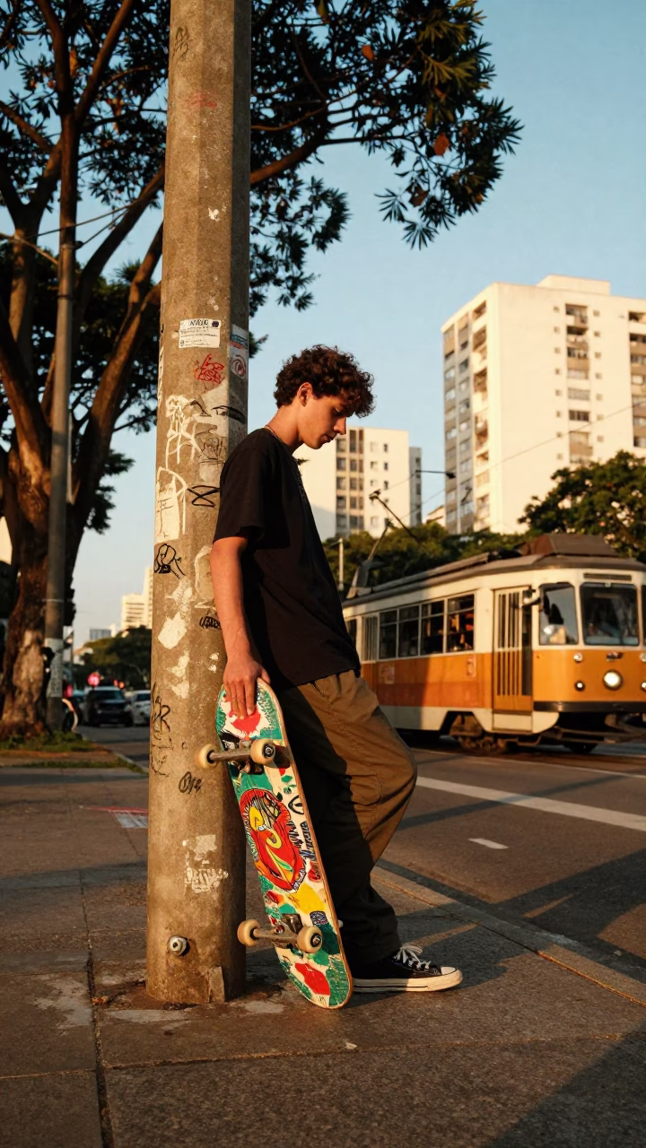 Golden Hour Skateboarder on São Paulo Street with Eucalyptus and Tram in in São Paulo, Brazil