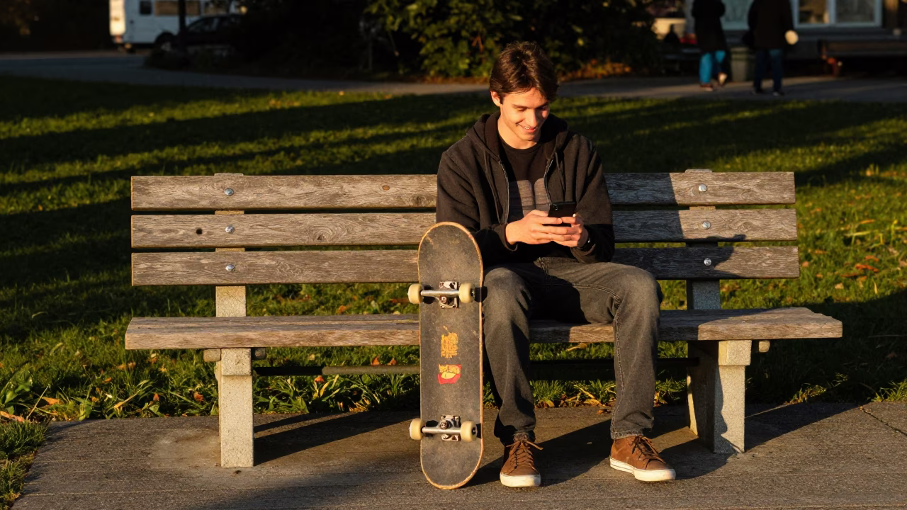 Golden Hour Skateboarder Resting on Park Bench in Vancouver British Columbia Canada in in Vancouver, British Columbia, Canada