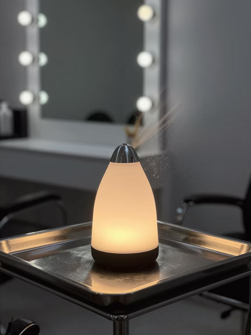 Golden Hour Skincare Diffuser Bangui in at a barber station beneath mirror bulbs near Bangui