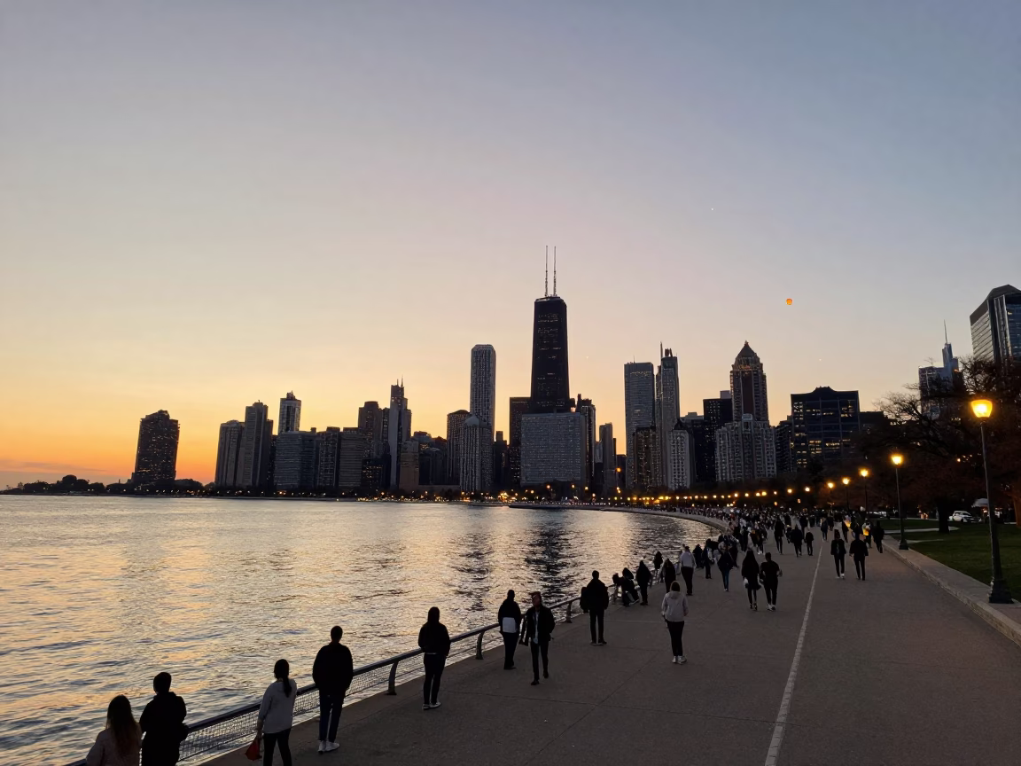 Golden Hour Sky Lanterns Rising Over Chicago Lakefront Harbor Promenade at Sunset in in Chicago, Illinois, United States