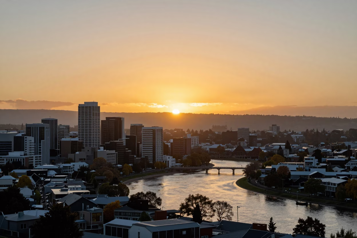 Golden Hour Sky Over Christchurch City Centre and Avon River at Sunset in in Christchurch, New Zealand